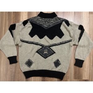 Vintage Jackie Vital Sweater Mens Large Black Beige Chunky Knit Faux Leather 90s